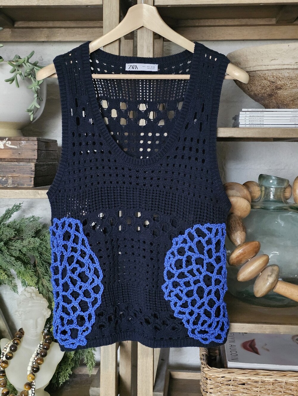 Zara Cotton Open Knit Sleeveless Sweater Vest Crochet Detail Sz L